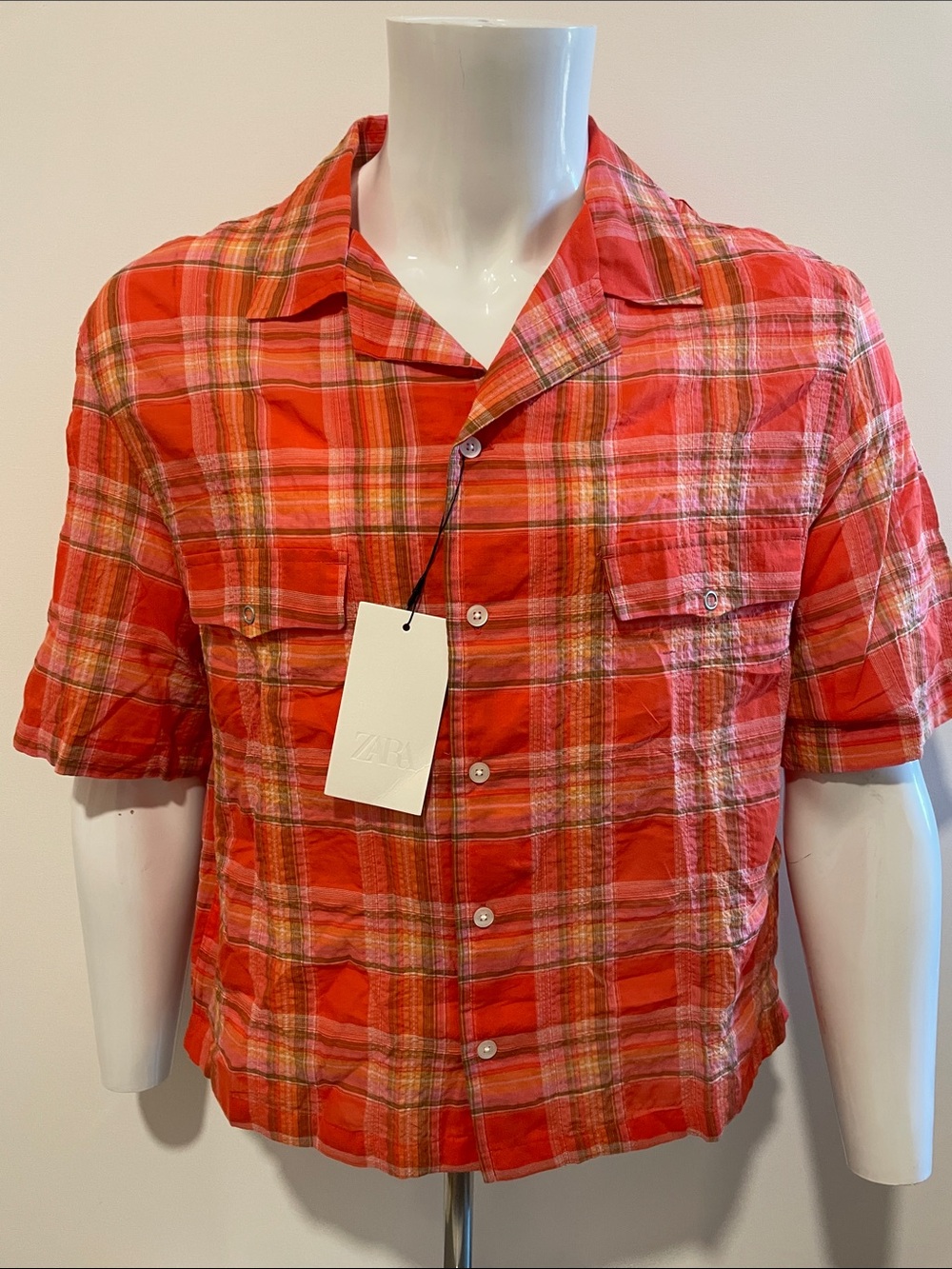 Zara Men's Red Plaid Short-Sleeve Button-Down Shirt